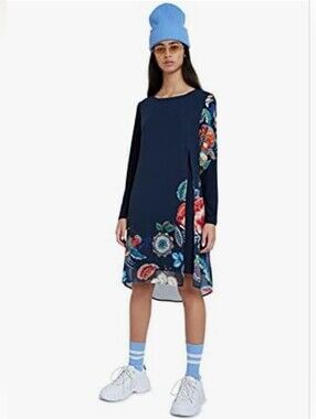 XL Desigual Siena Casual Dress Navy Embroidered Floral Paneled Long-Sleeve NWOT